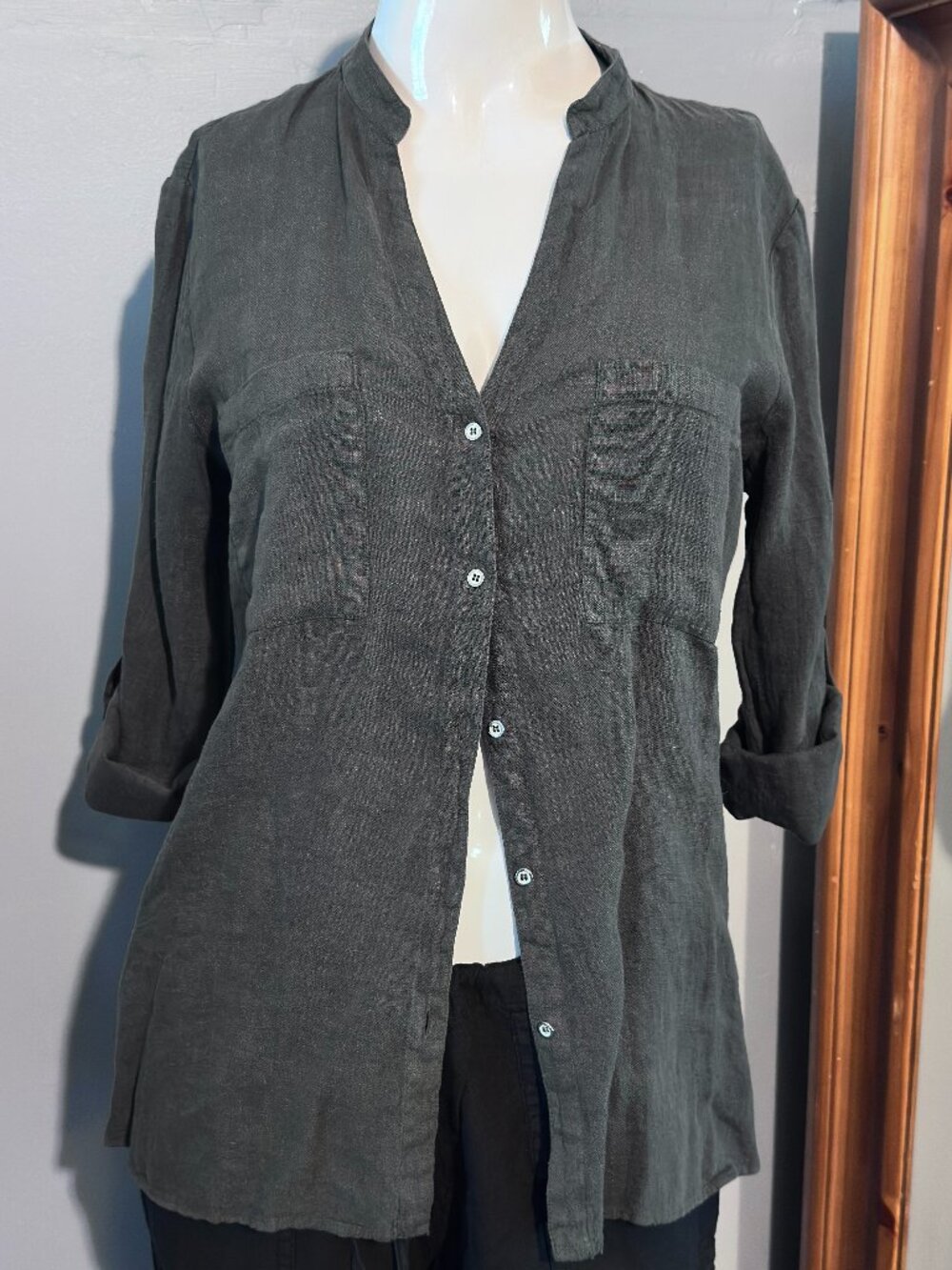 Zara Green Linen Button Up Blouse Size Small